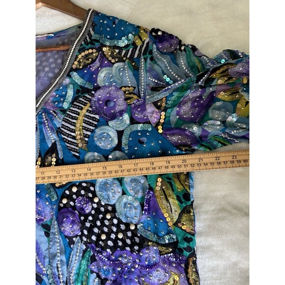 Vintage Shirt Large Floral Silk Beaded Art Wear Artsy Multi Print Sequins Pearl - Picture 7 of 9